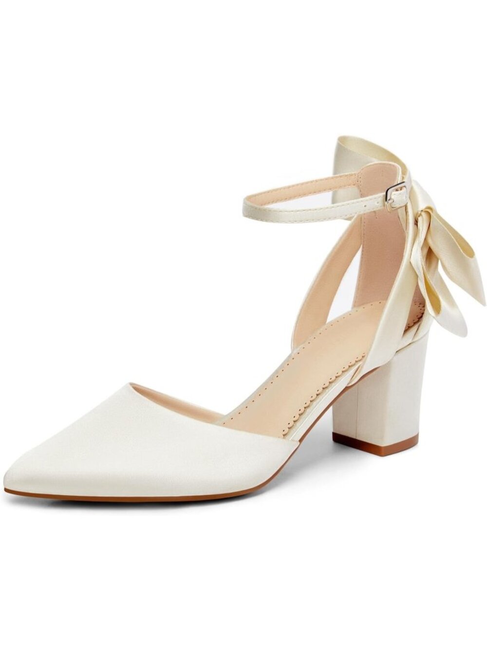 Women's Beige Chunky Heels Ankle Strap Pointed Toe Pumps Satin Shoes